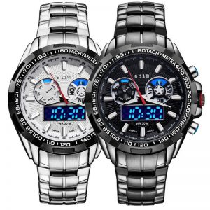 學生手表_外貿(mào)熱銷新款時尚藍光多功能雙機芯運動表石英表鋼帶學生手表